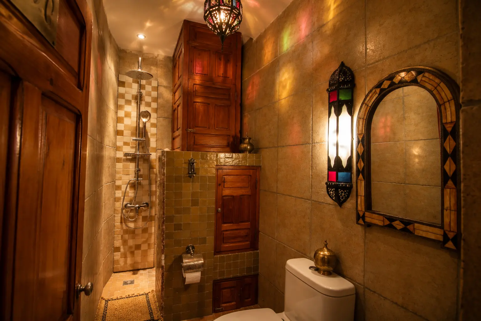 The Cedar Room’s separate bathroom with a carved mirror and lantern