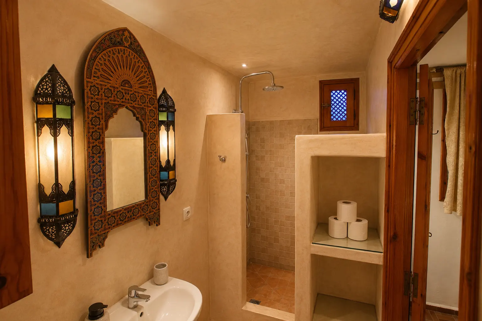 The Jasmin Room’s ensuite bathroom with a carved mirror and lanterns