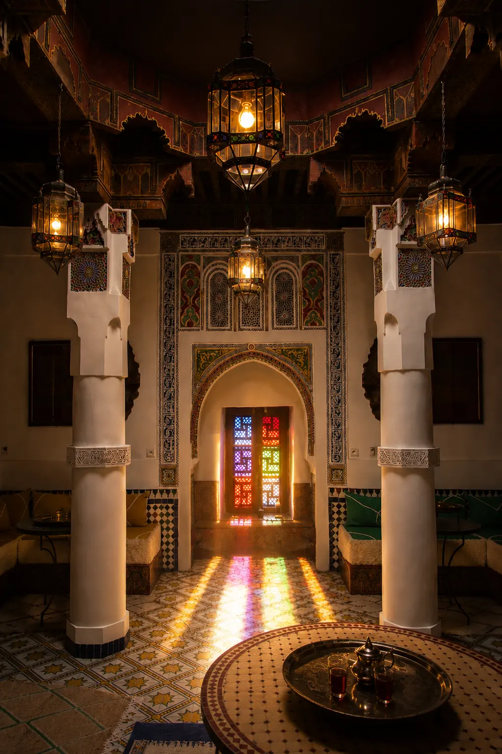 Afternoon sun through the stained-glass doorway at the end of the Grand Salon
